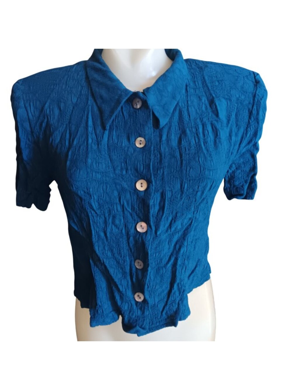 Vintage Karin Stevens sz 8 Blue Blouse Textured Rayon Shell Buttons Padded 90's